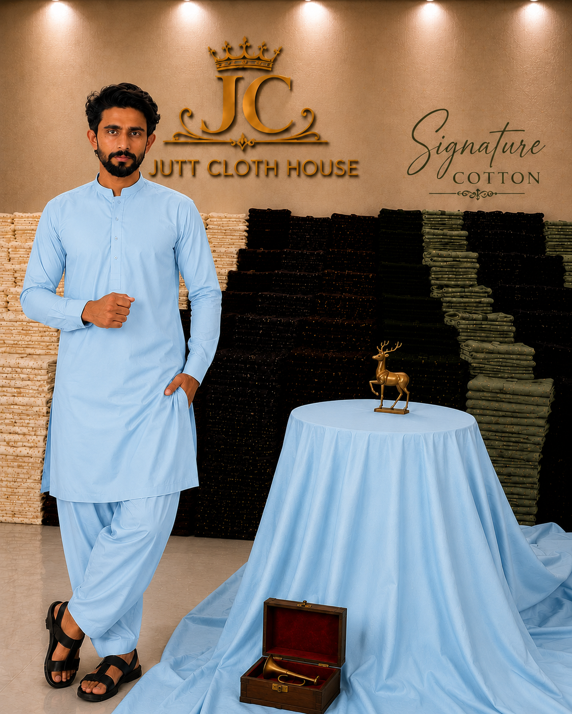 Jutt Cloth House Signature Cotton Sky Blue Men's Shalwar Kameez