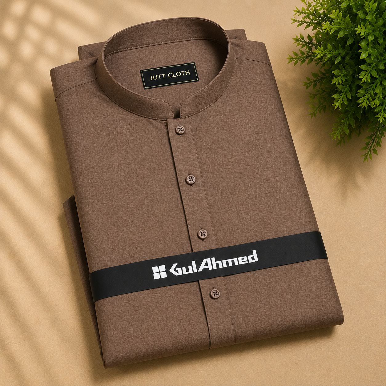 A folded brown kurta shirt with a mandarin collar and button front, displayed on a beige surface with a green plant in the corner. The shirt features a black band around the waist area with the brand name 'Gul Ahmed' printed in white.